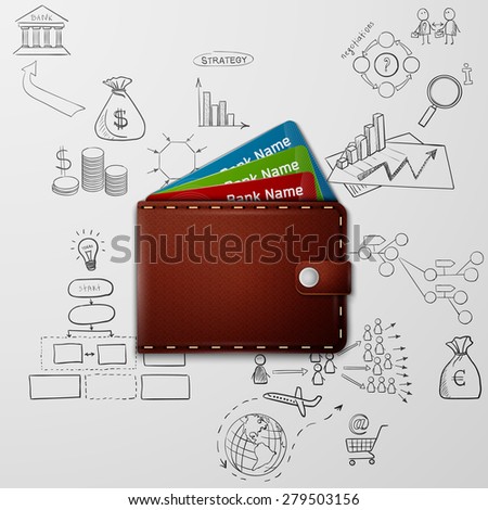 Wallet with doodles line drawing success strategy plan idea