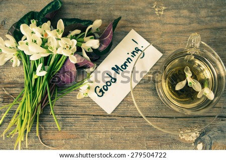 cup of green tea and spring white snowdrop flowers, rustic still life