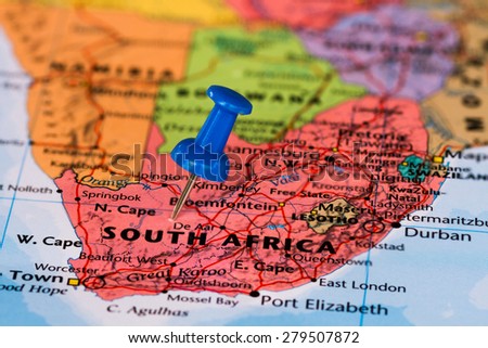 Map of South Africa with a blue pushpin stuck Royalty-Free Stock Photo #279507872