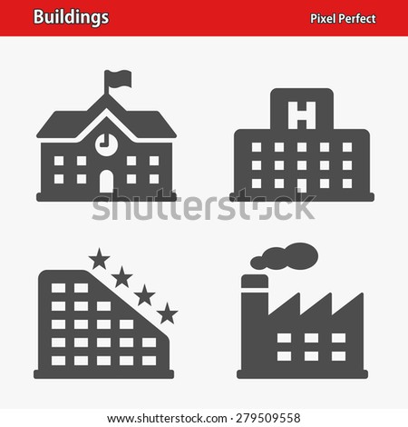 Buildings Icons. Professional, pixel perfect icons optimized for both large and small resolutions. EPS 8 format. Designed at 32 x 32 pixels.