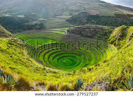 Ancient Inca circular terraces at Moray (agricultural experiment station), Peru  Royalty-Free Stock Photo #279527237