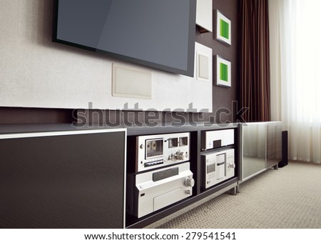 Modern Home Theater Room Interior with Flat Screen TV angled perspective view Royalty-Free Stock Photo #279541541