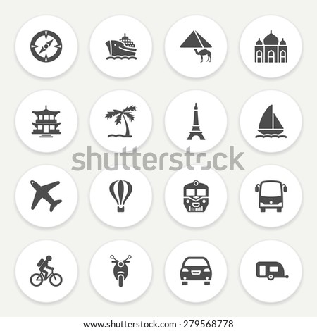 Travel black icons with buttons on gray background.