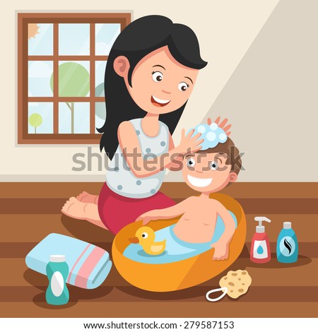 Mother washing her child 's hair with love illustration, vector