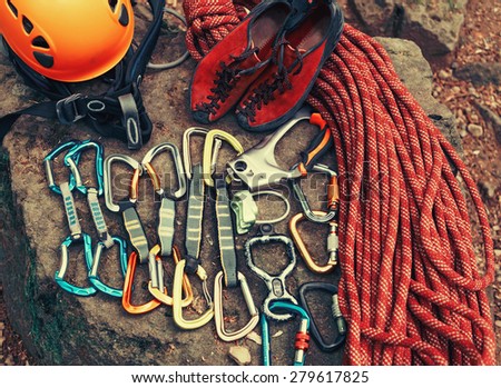 Set of outfit for climbing sport outdoor, top view Royalty-Free Stock Photo #279617825