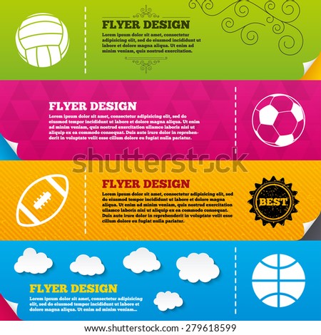 Flyer brochure designs. Sport balls icons. Volleyball, Basketball, Soccer and American football signs. Team sport games. Frame design templates. Vector