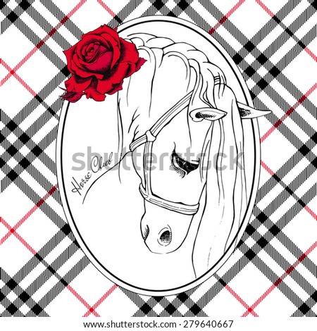 Romantic emblem of a white horse portrait with red rose in frame and checkered background. Vector illustration.