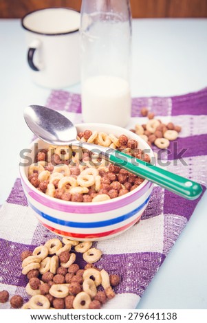 morning breakfast-flakes with milk in a dish