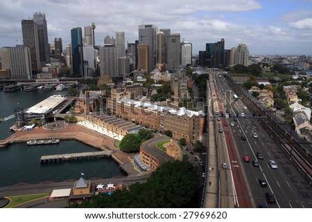 Sydney city skyline from the harbour bridge.