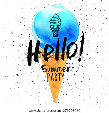 Vector illustration of ice cream in a cone. Poster with the phrase hello summer party. Watercolor doodling with blue dessert.