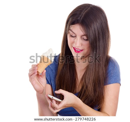 Portrait of young happy woman with ice-cream and phone isolated on  white background
