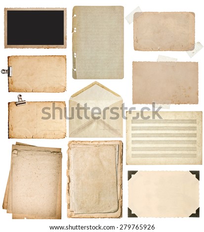 Used paper sheets set. Vintage book pages, cardboards, music notes, photo frame with corner, envelope isolated on white background