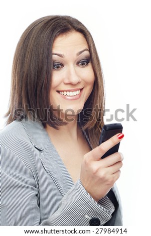 Glad lady reading or sending SMS on a white background