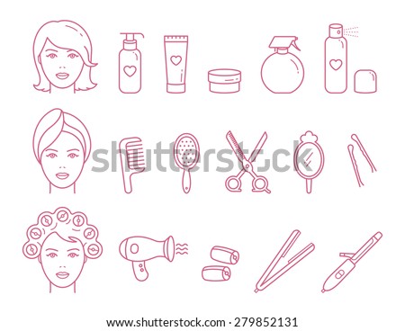 Vector Woman Hair Care Outlined Icon set