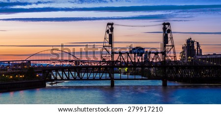 Portland, Oregon Panorama.  Night scene of the Steel Bridge overlooking the Willamette River