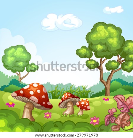 Beautiful landscape with mushrooms and flowers.