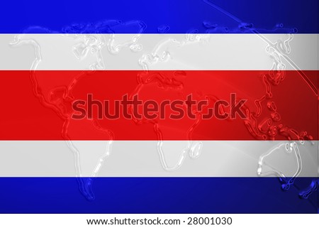 Flag of Costa Rica , national country symbol illustration with world map, metallic embossed look