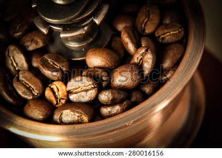 Closeup picture of coffee bean grinder and coffee bean.