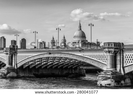 Bridges and Embankment of the River Thames. London, UK. Black and white.