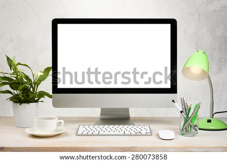 Workspace background with desktop pc and office accessories on table  