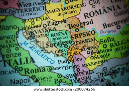 Map view of former Yugoslavia on a geographical globe. (vignette) Royalty-Free Stock Photo #280074266