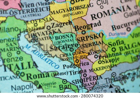 Map view of former Yugoslavia on a geographical globe. Royalty-Free Stock Photo #280074320