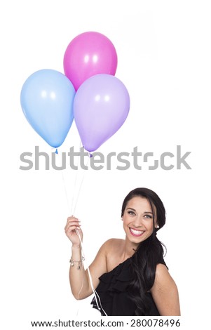 Attractive Young Smiling Brunette holding Colorful Balloons on White Background. Happy, bright and colorful image that can be used for parties, celebrations and happiness concepts
