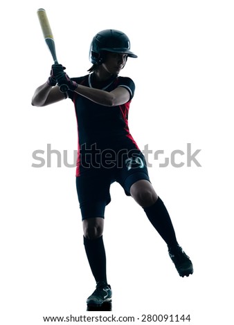 one woman playing softball players in silhouette isolated on white background