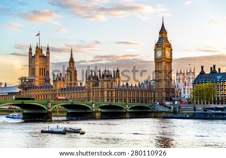 The Palace of Westminster in London in the evening - England Royalty-Free Stock Photo #280110926