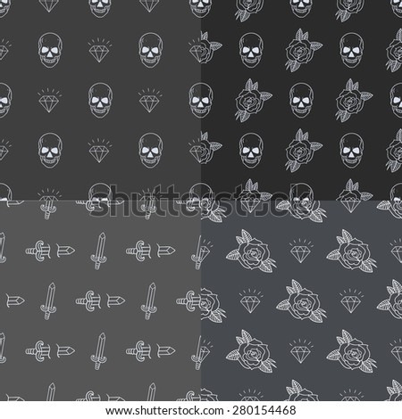 Set of four old school tattoo seamless patterns. Vector elements: skull, dagger, rose. diamond. Dark background.