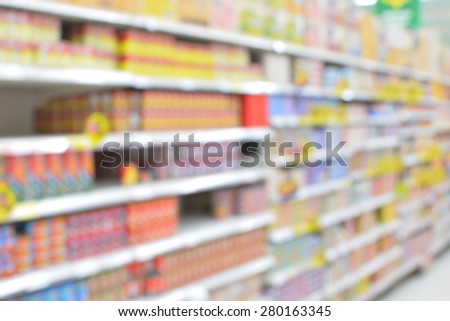 blurred background of unidentified products in a supermarket