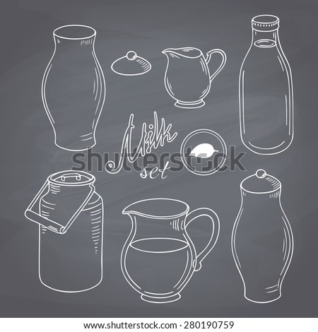 Set of hand drawn dairy farm objects. Milk goods clip art. Chalk style vector illustration. Chalkboard food background