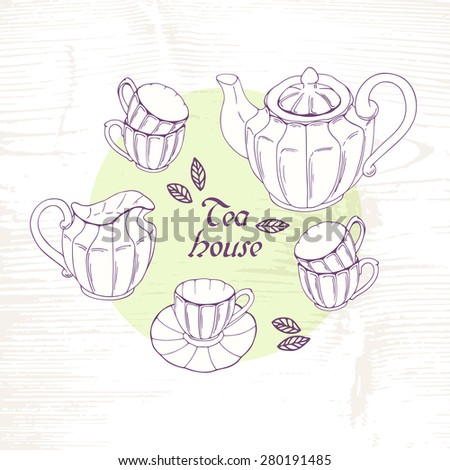 Hand drawn tea porcelain service set. Vector clip art. Sketch slyle illustration with teapot, creamer and cups