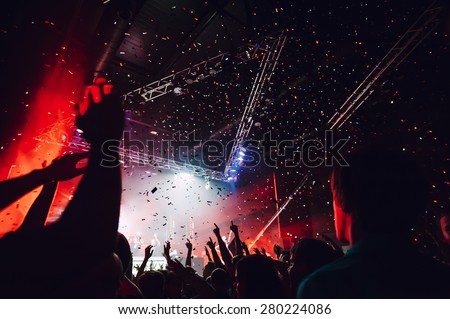 Night club party crowd hands up Royalty-Free Stock Photo #280224086