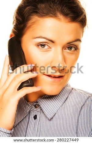 Portrait of smiling business woman phone talking, isolated on white background