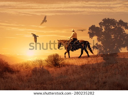 A long hot ride in the saddle.  A cowboy makes his way through the desert in the sweltering hot sun.  Crows circle the horse in a surreal photography image.