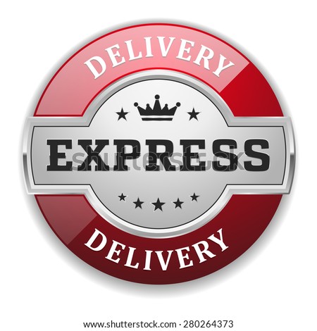 Silver express delivery badge with red border on white background