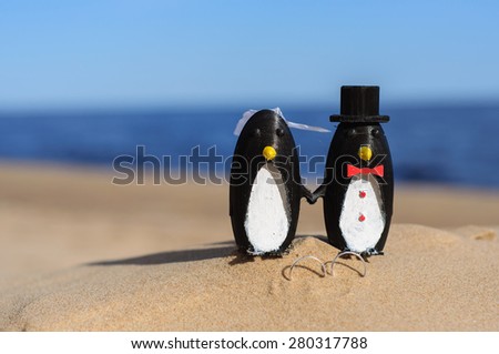 Penguins cake topper on beach
