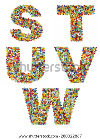 Letters of the alphabet S through W made from colorful glass beads on a white background