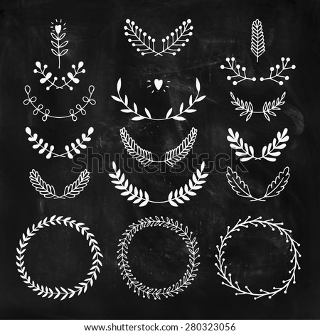 Set of vector hand drawn laurels and wreaths,  nature, floral doodle collection on chalkboard. Decoration elements for design invitation, wedding cards, valentines day, greeting cards