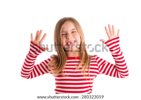 Blond indented kid girl open mouth and hands happy expression gesture on white