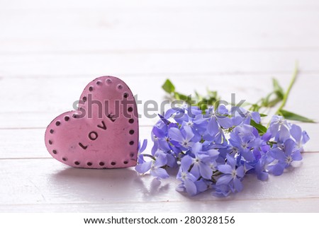 Background with fresh tender blue flowers and  pink decorative heart on white painted wooden planks. Selective focus. Place for text