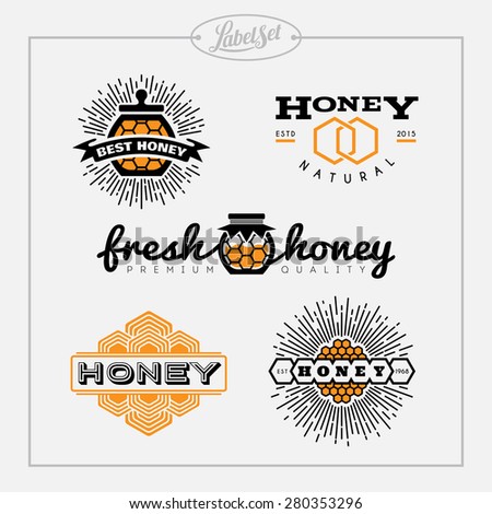 Templates for badges, labels, tags for honey bee product. Set 15. Vector illustration.