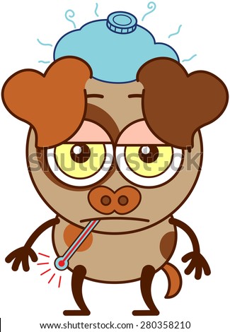 Cute brown dog in minimalistic style with big hanging ears, bulging eyes and pointy tail while having a thermometer in its mouth, an ice pack above its head, showing a sad mood and feeling sick