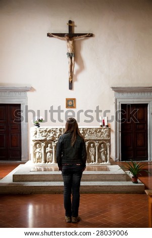 Young Woman In One Of Italian Church. Old Italy Series.