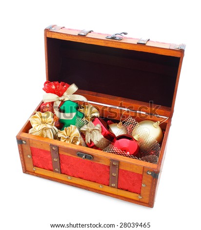 open wooden trunk with gifts
