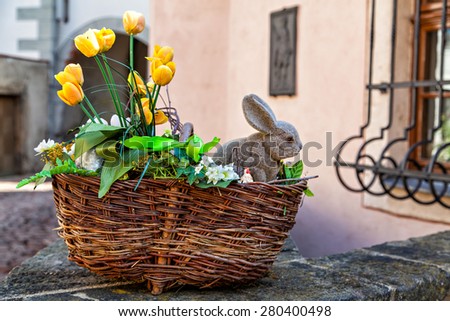 Easter basket with yellow flowers and baby bunny, outdoor