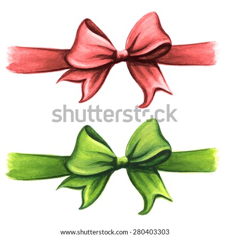 Colorful decorative bow ribbons set isolated on white background. Watercolor illustration