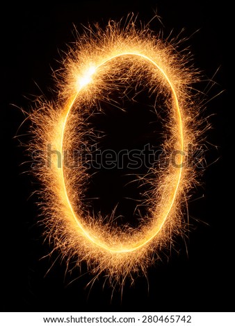 "0" number drawn with bengali sparkles isolated on black background 