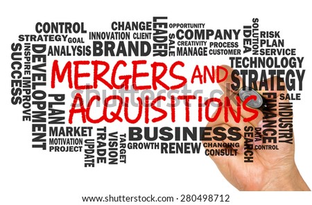mergers and acquisitions concept with business word cloud handwritten on whiteboard